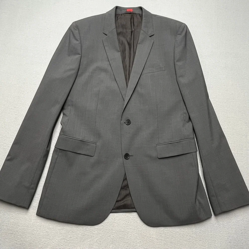 Hugo Boss Blazer AerinS Mens 40L Gray Micro Check Virgin Wool Blend‎ Sport Coat